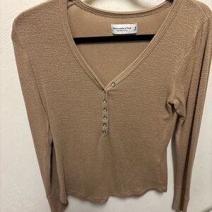 Abercrombie & Fitch Women's Tan Soft and Cozy Buttoned V-Neck Top
